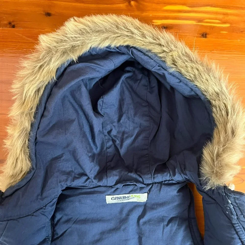 Genuine Kids Oshkosh Navy Puffer Vest Faux Fur Hood - Size 18 Months